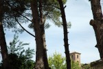 El campanar de l'ermita de Lourdes enmig d'arbres.